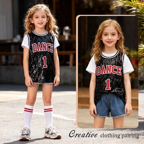 LOLANTA Girls Hip Hop Dance Clothes Kids Jersey Sequin Dress Long Tank Top Jazz Costume Cheerleading T-Shirt in Kuwait