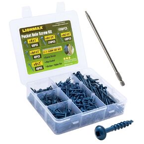 LIONMAX Pocket Hole Screws Assortment Kit, 450 PCS in 5 Sizes, 8 x 1", 1-1/4", 1-1/2", 2", 2-1/2", Blue Anti-Rust Coated Pocket Hole Screws for Exterior, Square Drive, 150MM Drive Bit Included