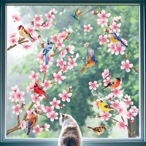 decalmile Cherry Blossom Flower Branch Window Clings Birds Floral Window Decals Anti-Collision Glass Window Doors Window Stickers