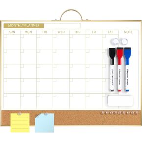 ARCOBIS Dry Erase Calendar with Cork Board for Wall, 12"x16" Magnetic Monthly Calendar Whiteboard with Gold Frame, Double-Sided Planner & White Board for Home, Office, School