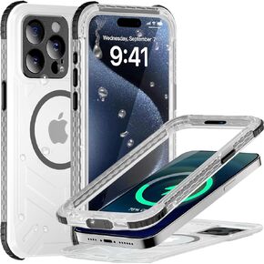 for iPhone 15 Waterproof Case Compatible with MagSafe, Translucent Slim IP68 Underwater Built-in Screen Protector, 12FT Military Grade, 360 Full Body Protective Cover 6.1 inch (Black)