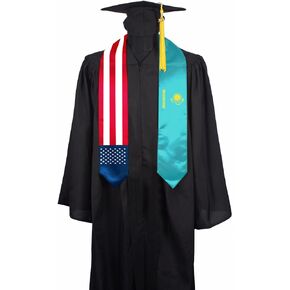 SECUNL Kazakhstan National & USA Flag Graduation Stole Sash Scarf Double Sided International Student Graduation Decoration Item Gift