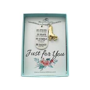 Roller Skating Necklace in Gold Plated Pewter with Word Tag | 18 Inch Stainless Steel Cable Chain | Be Strong, Be Brave, Be Humble, Be Badass | Perfect Roller Derby Gift