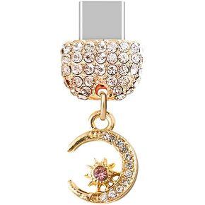 ELISE & FONDA TP218 Type-C USB Charging Port Crystal Anti Dust Plug Tiny Moon and Star Cell Phone Charm for Samsung Galaxy/Huawei/OnePlus/Xiaomi/oppo Android Phones (Gold)