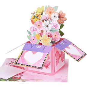 3D Flowers Pop Up Cards-Giiffu Pink Floral Greeting Cards for Mothers Day,Birthday Gift Card for Women, Paper Bouquet Card with Envelope, All Occasion Greeting Cards for Anniversary,Get Well,Thank You