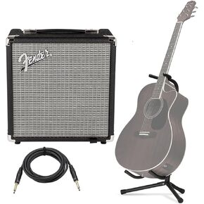 Fender Rumble 15 (V3) Bass Amplifier with 8" Speaker, Black/Silver Bundle with Adjustable Tripod Guitar Stand and 10' 1/4" Male TS Cable