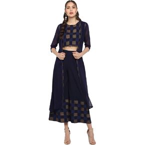 Janasya Mothers Day Gifts Navy Blue Crepe Top with Palazzo and Shrug