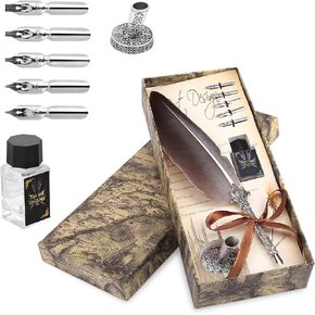 Cocoarm Feather Quill Pen and Ink Set Calligraphy Pen Set Fountain Dip Feather Pen and Ink Set Quill Pen Set Ink Pen with 6 Stainless Steel Nibs for Writing Paper Letter (Black)