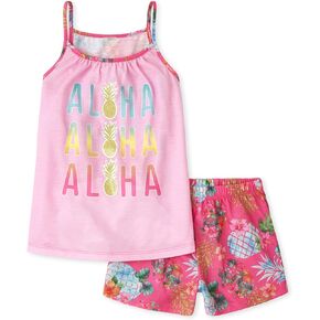 The Children's Place Girls' Sleeveless Tank Top and Short 2 Piece Pajama Set, Aloha Pineapples, Medium