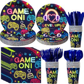 FVABO Video Game Plates And Napkins Party Supplies - Gaming Party Birthday Table Decorations Tableware, Paper Plates, Napkin, Cup, Disposable Cutlery, Video Game Theme Party Decorations | Server 24