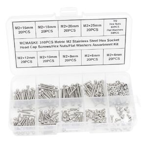 MCMASKE 1200PCS M1.6 M2 M2.5 M3 Stainless Steel Hex Socket Head Cap Screws Nuts Flat Washers Assortment Kit