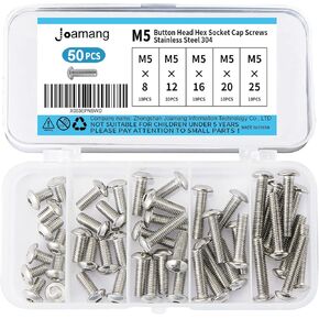 Joamang M5 x 10mm 14mm 18mm 20mm 25mm Socket Head Cap Screws Bolts, Stainless Steel 304, Metric Allen Hex Drive, Bright Finish, Fully Threaded, Assortment Kit 50PCS