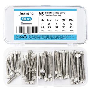 Joamang M5 x 10mm 14mm 18mm 20mm 25mm Socket Head Cap Screws Bolts, Stainless Steel 304, Metric Allen Hex Drive, Bright Finish, Fully Threaded, Assortment Kit 50PCS