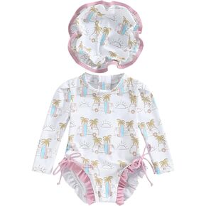 Toddler Baby Girl Swimsuit One Piece Long Sleeve Rash Guard Floral Zipper Ruffle Bathing Suit Beach Swimwear Sunsuit