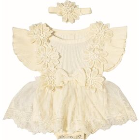 Newborn Baby Girl Romper Tulle Dress Flowers Bodysuit Infant Girls Dresses Set with Headband