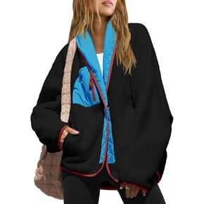 Nirovien Womens Fuzzy Fleece Jacket Shawl Collar Sherpa Coats Button Down Colorblock Warm Outwear with Pockets