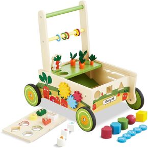 Beright 12-in-1 Wooden Baby Walker Upgraded, Wooden Shape Sorting Grocery Cart Push Toy and Puzzles, Multiple Activities Center, Pretend Play Grocery Toys, Develops Motor Skills & Stimulates
