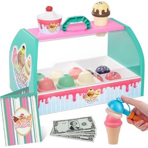 Ice Cream Counter Playset for Kids, Ice Cream Shop Toys, Pretend Play Toys, Play Food Scoop and Serve, Toddler Girls and Boys Ages 3+