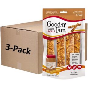 Good ’n’ Fun Triple Flavor Large Rolls, Rawhide Chews for All Dogs, 12 Count (3 Packs of 4 Count)