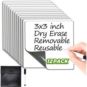Dry Erase Sticky Notes. Reusable Whiteboard Stickers 3"x3" 12 Pack. Suitable for All Smooth Surface. Great for Labels, Lists, Reminders and Decals. Washable, Removable and Eco-Friendly