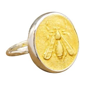 Caprixus Signet Ring 925 Sterling Silver Honey Bee Coin Ring 24K Gold Vermeil Designer Handmade Rings for Women Two Tone Bumblebee Ring Hammered Pinky Ring Turkish Fine Jewelry