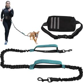 Hands Free Dog Leash with Waist Bag Fanny Pouch, Double Padded Handles, Adjustable Belt, Bungee Cord, Red