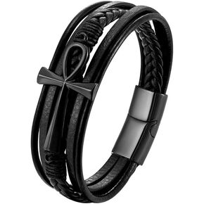 FYNSBLE Cross Leather Bracelet for Men,5 Layer Genuine Leather Bracelet 361L Stainless Steel Clasp Cross Bracelet Multi-Layer Braided Men Bracelet Jewelry Gift for Men Father