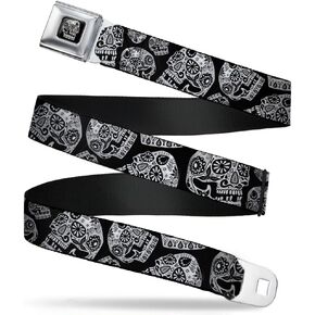 Buckle-Down Seatbelt Belt - The Dust of Living II Sugar Skulls Black/White - 1.0" Wide - 20-36 Inches in Length