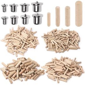 Swpeet 505Pcs 4 Sizes 1/4" 5/16" 3/8" 1/2" Wooden Dowel Pins Straight Grooved Pins with Center Point Cylinder Wood Dowels Assortment Kit, Dowel and Tenon Center Transfer Plugs Point for Furniture