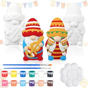 Poen 2 Sets Cinco De Mayo Paint Your Own Gnome Statues 4'' Ready to Paint Gnome Unpainted Kit Tomte for Mexican Taco Paintable Blank Ceramic Gnome for Kids Adults Classroom Arts Craft DIY Decorations