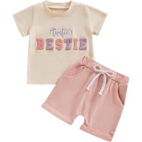 Toddler Baby Girl Clothes Aunties Bestie Embroidery Letters T-Shirt Top Jogger Shorts Set 2Pcs Summer Outfits