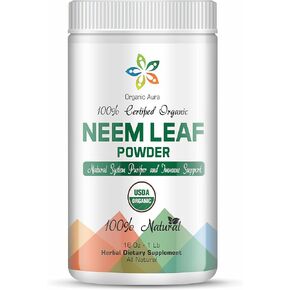 Organic Aura Neem Leaf Powder (Azadirachta Indica). 100% Pure Neem, Raw and Green. USDA Certified Organic Neem for Immune Support, Skin, and Hair. Naturall Source of Antioxidants and Detox.