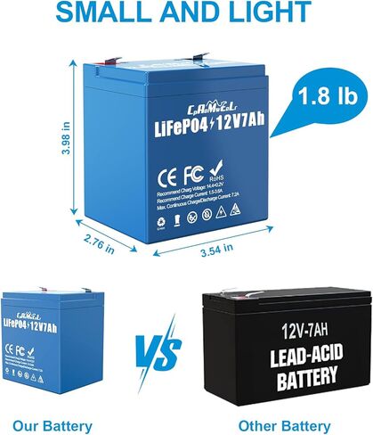 بطارية ليثيوم 12 فولت 7 أمبير LiFePO4 ذات دورة عميقة، صغيرة وخفيفة الوزن مع BMS مدمج، عمر 10 سنوات، أكثر من 4000 دورة، بطارية قابلة للشحن لعجلات الطاقة، الطاقة الشمسية، مكتشف الأسماك، ألعاب الركوب، البحرية in Kuwait