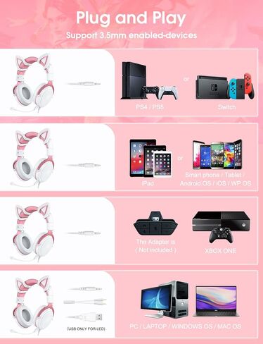 سماعات رأس سلكية للألعاب من ONITOON مع ميكروفون قابل للفصل، وسماعات أذن للفتيات على شكل قطة، وإضاءة LED، وسماعة رأس فوق الأذن للكمبيوتر الشخصي، وPS4، وPS5، وXbox، وSwitch، وصوت محيطي وأغطية أذن ناعمة من إسفنج الذاكرة، لطيفة in Kuwait