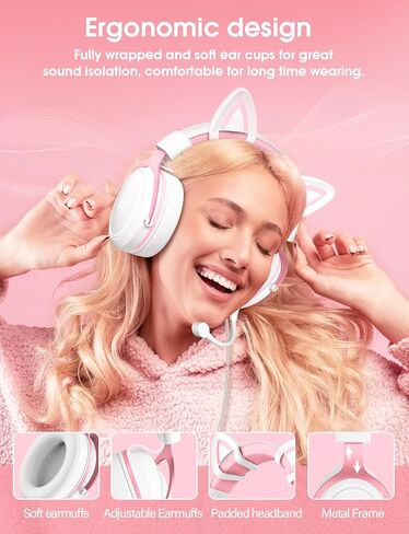 سماعات رأس سلكية للألعاب من ONITOON مع ميكروفون قابل للفصل، وسماعات أذن للفتيات على شكل قطة، وإضاءة LED، وسماعة رأس فوق الأذن للكمبيوتر الشخصي، وPS4، وPS5، وXbox، وSwitch، وصوت محيطي وأغطية أذن ناعمة من إسفنج الذاكرة، لطيفة in Kuwait