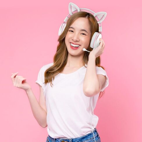 سماعات رأس سلكية للألعاب من ONITOON مع ميكروفون قابل للفصل، وسماعات أذن للفتيات على شكل قطة، وإضاءة LED، وسماعة رأس فوق الأذن للكمبيوتر الشخصي، وPS4، وPS5، وXbox، وSwitch، وصوت محيطي وأغطية أذن ناعمة من إسفنج الذاكرة، لطيفة in Kuwait