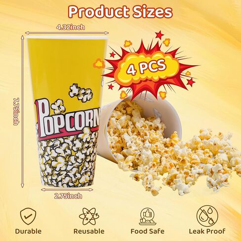 KORCCI Plastic Popcorn Containers 4Packs-Reusable Popcorn Bucket Retro Style for Movie Night, Classic Popcorn Bowl, 7.7"Tall x 4.4"Top Diameter,32oz in Kuwait