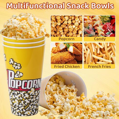 KORCCI Plastic Popcorn Containers 4Packs-Reusable Popcorn Bucket Retro Style for Movie Night, Classic Popcorn Bowl, 7.7"Tall x 4.4"Top Diameter,32oz in Kuwait