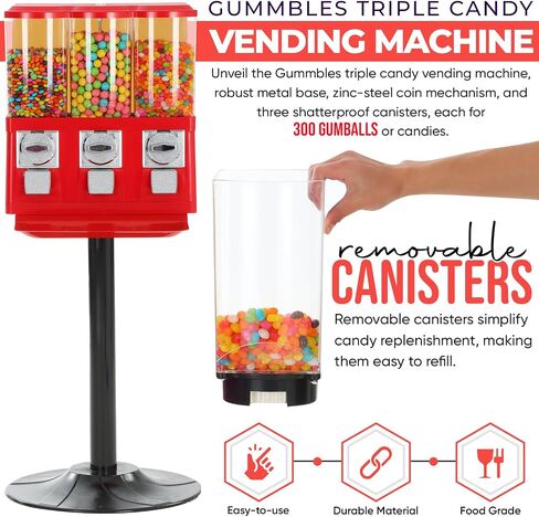 Commercial Vending Machine for Business - Triple Candy Machine Dispenser Using Quarters - Gumball Machine with Stand for Sale and Home Use for Gumballs Toys Capsules (RED) in Saudi Arabia