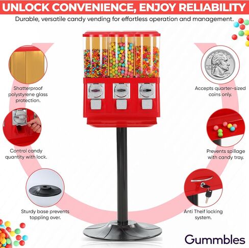 Commercial Vending Machine for Business - Triple Candy Machine Dispenser Using Quarters - Gumball Machine with Stand for Sale and Home Use for Gumballs Toys Capsules (RED) in Saudi Arabia