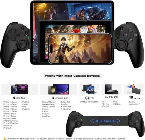 وحدة تحكم لاسلكية Megadream لأجهزة iPad والكمبيوتر اللوحي وiPhone/Android/PC/Switch/PS3/PS4 عصا تحكم Gamepad مع Turbo، تدعم لعبة Mobile Cloud، والبث على PS5/PS4/Xbox/PC، وiPhone 15/14، COD، أسود in Kuwait