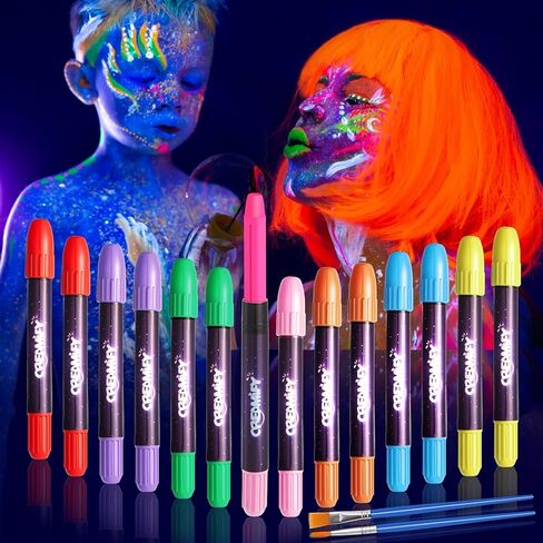 14 قطعة من طلاء الوجه المتوهج في الظلام، طلاء الوجه والجسم الكريمي باللون الأسود الفاتح النيون، أعواد مكياج الهالوين التنكرية، مجموعة أقلام تلوين فلورسنت للأطفال in Kuwait