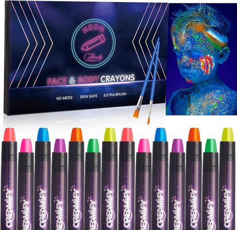 14 قطعة من طلاء الوجه المتوهج في الظلام، طلاء الوجه والجسم الكريمي باللون الأسود الفاتح النيون، أعواد مكياج الهالوين التنكرية، مجموعة أقلام تلوين فلورسنت للأطفال in Kuwait
