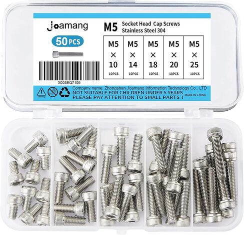 Joamang M5 x 10mm 14mm 18mm 20mm 25mm براغي غطاء رأس المقبس، الفولاذ المقاوم للصدأ 304، محرك ألين سداسي متري، لمسة نهائية لامعة، ملولبة بالكامل، مجموعة متنوعة 50 قطعة in Kuwait