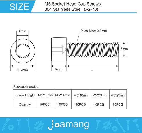 Joamang M5 x 10mm 14mm 18mm 20mm 25mm براغي غطاء رأس المقبس، الفولاذ المقاوم للصدأ 304، محرك ألين سداسي متري، لمسة نهائية لامعة، ملولبة بالكامل، مجموعة متنوعة 50 قطعة in Kuwait