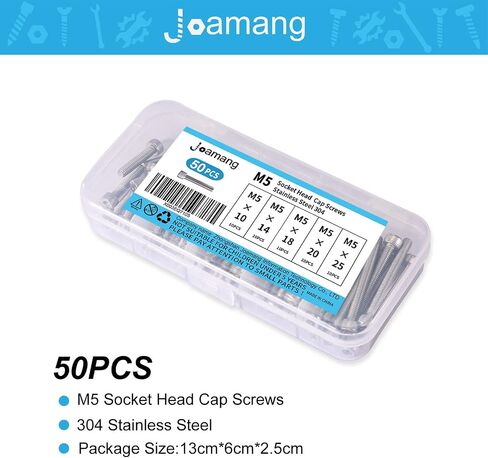 Joamang M5 x 10mm 14mm 18mm 20mm 25mm براغي غطاء رأس المقبس، الفولاذ المقاوم للصدأ 304، محرك ألين سداسي متري، لمسة نهائية لامعة، ملولبة بالكامل، مجموعة متنوعة 50 قطعة in Kuwait