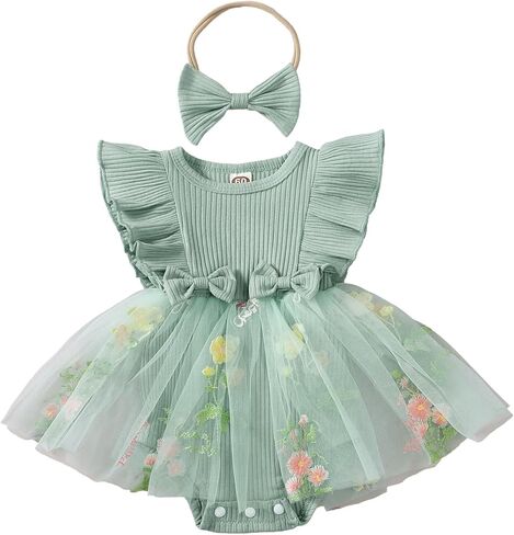 Hnyenmcko Newborn Baby Girl Summer Romper Dress Infant Fly Sleeve Flower Embroidery Mesh Tulle Skirt Hem Ribbed Bodysuit in Kuwait