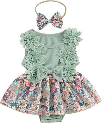 Hnyenmcko Newborn Baby Girl Summer Romper Dress Infant Fly Sleeve Flower Embroidery Mesh Tulle Skirt Hem Ribbed Bodysuit in Kuwait