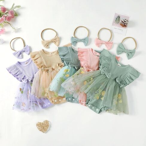 Hnyenmcko Newborn Baby Girl Summer Romper Dress Infant Fly Sleeve Flower Embroidery Mesh Tulle Skirt Hem Ribbed Bodysuit in Kuwait