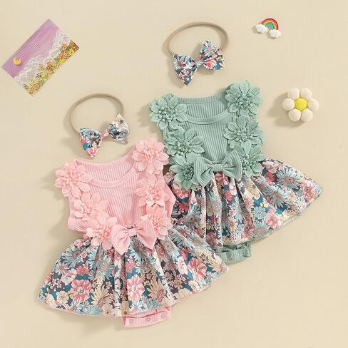 Hnyenmcko Newborn Baby Girl Summer Romper Dress Infant Fly Sleeve Flower Embroidery Mesh Tulle Skirt Hem Ribbed Bodysuit in Kuwait